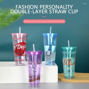 Mugs 600ml Creative Flash Color Transparent Large-capacity Straw Cup Student Desk Juice Flat Lid Double Layer Plastic