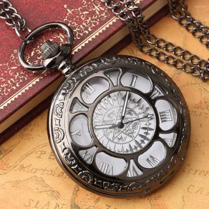 Pocket Watches Black Quartz Watch Petal-shaped Skeletonized Roman Numeral Dial Gift For Women Fashion Vintage Analog Clock Pendant Reloj