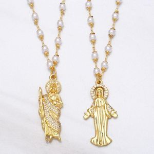 Pendant Necklaces FLOLA Beaded Chain San Judas Necklace Copper Zircon White Stone Jesus Gold Plated Christian Jewelry Nkea042