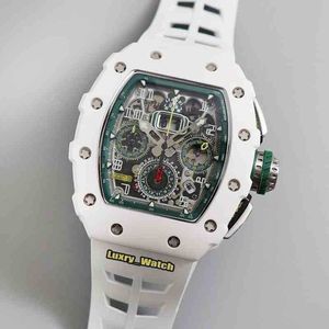 Luxury Mens Mechanics Watch Brand Automatic White Ceramics Case Skeleton Dial Rubber Sport Designer Flyback TPT ES