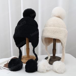 Fashion knitted hat faux fur pompom bonnet cap windproof women lady earflap cap female winter warm ear protection wool Hats