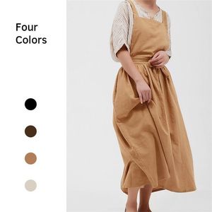 Japanese Apron Pinafore Dress Fashion Korean Work Gown Apricot with Long Waist Tie for Women Kitchen Cooking Baking Robe TJ3648 220507