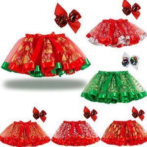 Christmas Baby Kids tutu Dress Girls Deer Xmas Tree Stars Printed Glitter TUTU Skirt With Bow Children Sequins Party Dance frocks Ballet Skirts M4209