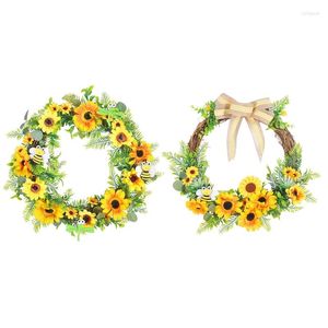 Decorative Flowers Artificial Sunflower Bee Wreath With Green Leaves Bowknot Spring Summer Rattan Floral Garland For Front Door Easter
