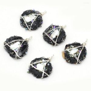 Anhänger Halsketten Wholesale10PCS Naturstein Runde schwarze Kristallknospe gewickelt Silberdraht Herstellung DIY Halskette Frauen Schmuck Zubehör