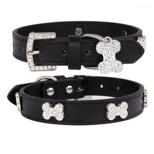 Dog Collars Cats Dogs Collar Leather Adjustable Decoration Bling Bone Pendant Necklace Pet With Rhinestones Accessories Stuff
