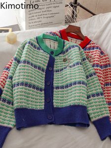 Swetry damskie Kimotimo z koralikami kamizelki w paski kamizelki kobiety 2022 jesień zima okrągła szyja kurtka Sweter francuski vintage