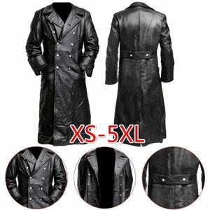 Spring Black Long Pu Leather Trench Coat Jacket för män Vintage Steampunk Gothic Jacket Overcoat German Officer Military Uniform