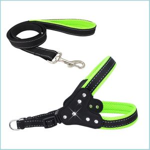 Dog Collars Leashes反射性ナイロンラインストーン犬ハーネスステップソフトメッシュパッド入り小さな子犬ハーネスリーシュセットセットセットWA DH4TI