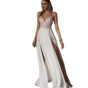 Mutter der Braut Kleider elegante Lacechiffon Hochzeitskleid Bohemian Stil sexy Seitenschlitz V-Ausschnitt Großgröße Neu in