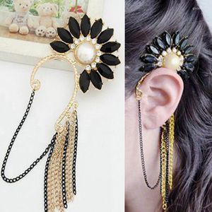 Ryggarörhängen 2022 Fashion Crystal Black Sunflower Chain Tassel Gold Ear Cuffs For Women Punk Style Metal Cuff utan Piercing 0517