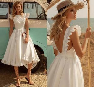 Wedding Dress Short Dresses 2022 Knee Length Satin White Sleeveless Bridal Gowns A-line Gorgeous Open Back Ruffles Vestido De Novia