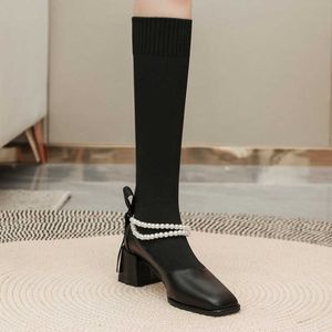 Boots Winter New woolen high boots Square head women's Beaded middle heel wine red shoes 220920
