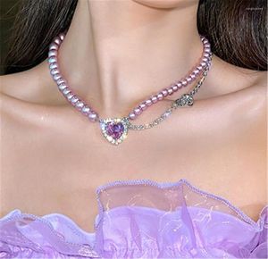 Pendant Necklaces Purple Love Big Crystal Zircon Pearl Stitching Necklace Female Luxury High-gloss