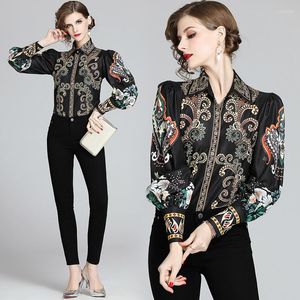 Kvinnor BLOUSES SPRING SOMMER FALL RUNWAY Vintage Floral Print Collar Button Long Lantern Sleeve Womens Ladies Party ol Casual Top Shirt