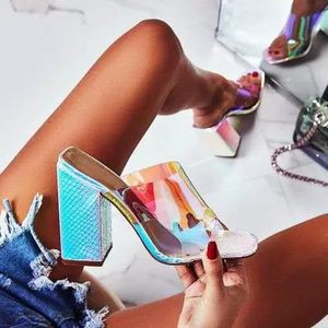 PVC High Heels Flip Flops Slides Sandaler Summer Clear Women Block Peep Toe Neon Blue Ladies Sexy Tisters Zapatos
