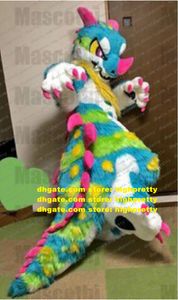 長い毛皮の毛皮のカラフルなドラゴンマスコットコスチュームファースーツ大人の漫画キャラクター衣装ビジネスアドボカシーフロアショーZZ7829
