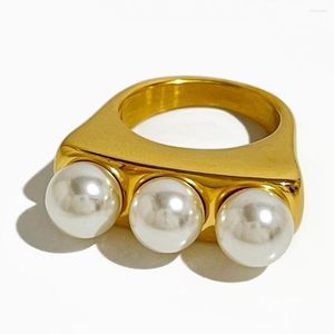 Pierścionki ślubne Minar Classic 18K Gold Stal Stal Urok dla kobiet geometrycznych symulowanych perłów grube akcesoria pierścienia palca