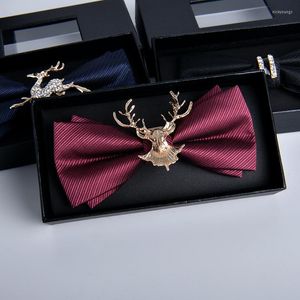 Bow Ties Men's Dress Plain Tie Double-Layer Design Flat Head med Diamond Handmade Monochrome Deer Wine Red