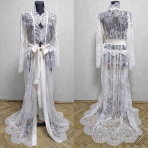 Envolve roupas de noiva brancas com lace de cinto de casamento de roupas de dormir roubos de banheiros manto Mulheres Boudoir vestidos quimono