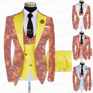 Abiti da uomo 2022 Abito da uomo stampato floreale rosa Abito da sposa 3 pezzi Slim Fit Giacca da sposo lucida Prom Blazer Doppio petto Pantaloni gilet