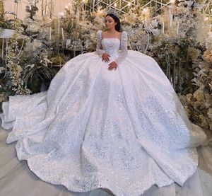 Princess Long Sleeve Sequined Beading Dubai Ball Gown Wedding Dress Illusion Square Collar Crystal Saudi Arabic Bridal Gown 2022 Vestidos Noiva Mariage