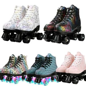 Ice Skates Graffiti Roller Pu Leather Double Line Women Men Adult Two Skate Shoes Patines With Four Colors 4 Wheels L221014