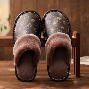 Unisex PU Leather Slippers Printed Plush Cotton Slipper Women Indoor House Shoes Flat Cozy Home Slippers Winter Warm Flip Flops H1115