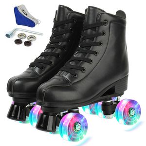 Ice Skates Women Black Pu Leather Roller Skating Shoes Sliding Inline Quad Sneakers Training Europe Size 4 Wheels Flash Wheel L221014