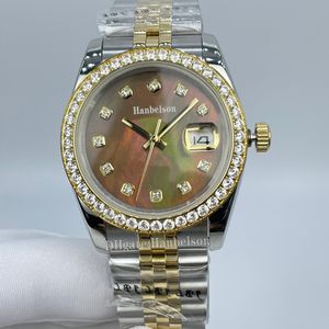 NEUE Diamant-Damenuhr, schwarzes Muschelzifferblatt, Automatikwerk, Saphirglas, Geschenk für Damenuhren, zweifarbig, Gold, 36 mm