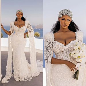 Formell Cape Sleeve Mermaid Wedding Dresses Beads Feather Applique Bridal Gown Lace Up Ball Gown Floor Length Robe de Vestido