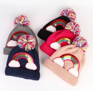 Barns ullhatt vinter varm regnbåge broderade stickade hattar för pojkar och flickor baby kepsar