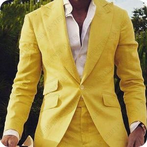 Ternos masculinos ANNIEBRITNEY 2023 Mais recentes designs de casaco e calça de linho amarelo Conjunto de terno masculino formal Slim Fit Gentle Blazer Custom Made Mens Terno