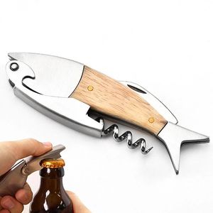 Cute Fish Shaped Wine Opener Wood Handle Professional Metal Openers Multifunction Portable Screw Corkscrew Bottle Opener Kitchen Tools