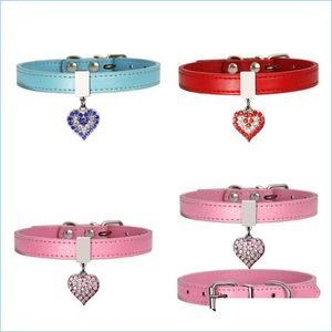 Dog Collars Leashes Pet Dog Collar With Diamond Heart Bell Fashion Pu Leather Cat Collars Small Neck Adjustable Strap 39 P2 Drop D Dhrel