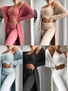 Autumn Winter Elegant Solid Three-piece Tracksuits Women Loose Outwear Top and Pant Set Warm Long Sleeve Casual Coat