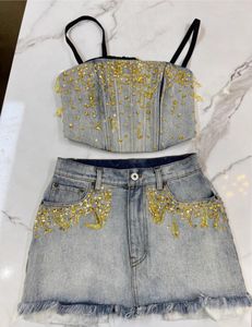 Work Dresses 2022 Summer Heavy Industry Beaded Diamond Denim Suspender Top Slim A-Line Skirt Women Fashion Suit