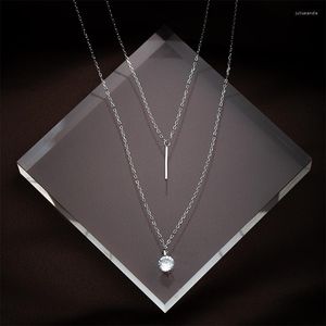 Pendant Necklaces Double Zircon Long For Girl Sterling Shiny Silver Layer Necklace Lady Women Full Fine Jewelry Accessories Gift