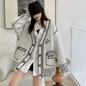 Women's Sweaters Retro Temperament Loose V Neck Graffiti Cardigan Knitted Jacket Long Autumn Winter Tops Fashion Casual Pull 221018