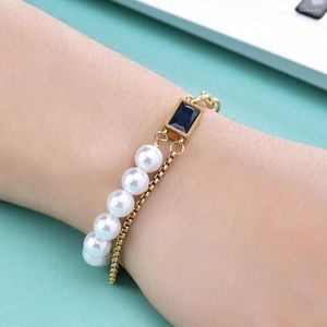 Link Bracelets VAYSKO Baguette Sapphire Panel Chain Pearl Bracelet Ladies Commuting Accessories