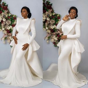 Formal Solid Color Mermaid Wedding Dresses With High Neck Full Sleeve Classic 2022 Bridal Gown Detachable Train Robe De Vestido