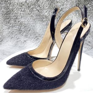Dark Blue Hairy Flock Women Shoes Luxury Red Bottoms Pointed Toe Backless D'Orsay High Heel Shoe Elegant Stiletto Pumps Red Soles Comfortable Slingbacks Sandals
