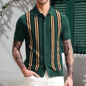 Men's Casual Shirts Men Shirt Contrast Color Single-breasted Short Sleeve Turn-down Collar Stripe Print Knitted Summer Tops Male Clothes