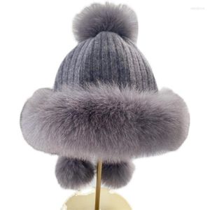 Berets Real Fur Trimmed Pompom Thick Warm Women Earflap Beanie Hand Knit Wool Hat With Fleece Lining Cap