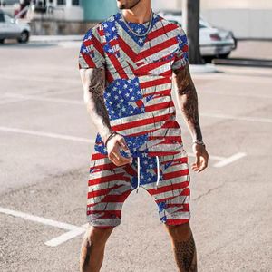 Men's Tracksuits Summer Men's T-shirts Set American Flag Fashion Short Sleeve Shorts Vintage Outfit Casual Sportswear Quick Dry
