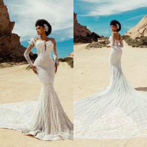 Luksusowe koraliki Suknie ślubne syreny długie rękawy koronkowe złudzenie suknie ślubne 3D Appliki kwiatowe