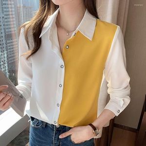 Kvinnors blusar Autumn Korean Long Sleeve Women Shirt Chiffon Printed Blue Office Lady Button Up Camisas Mujer Ladies Tops