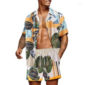 Men's Tracksuits Hawaiian Style Suit Men's Casual Loose Beachwear Leaf Print Short Sleeve Shirt Shorts Summer Two-Piece Set