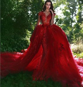 Bubai Wine Red Mermaid Wedding Dress with Detachable Train 2023 Saudi Arabic Lace Button Appliques Bridal Dresses Vestidos De Noiva