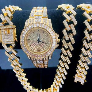 Correntes 3 PÇS Colar Corrente Iced Out Masculino Relógio Pulseira Hip Hop 15 MM Cravejado Grande Pesado Ouro Elo Cubano Conjunto de Joias Presente Feminino